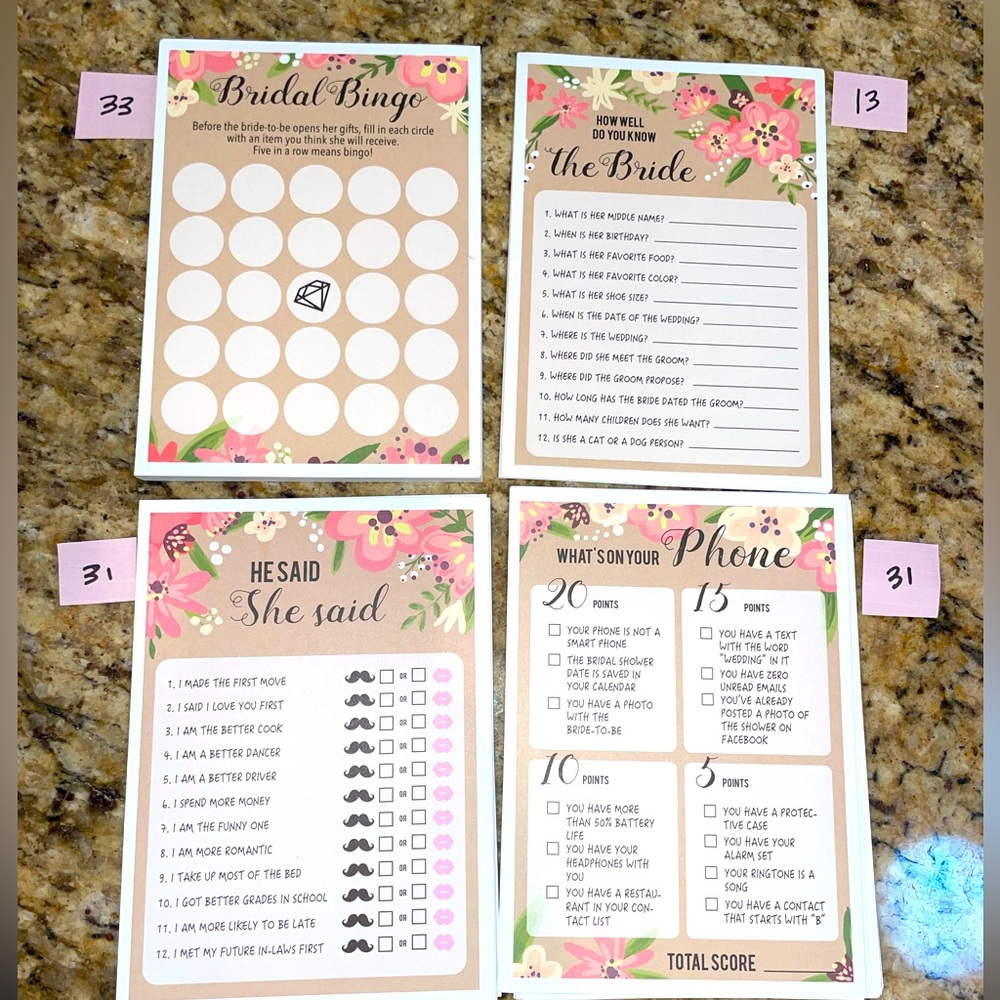 Bridal Shower Game cards